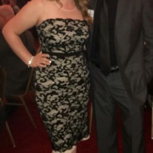 BEBE sheer and black lace cocktail dress